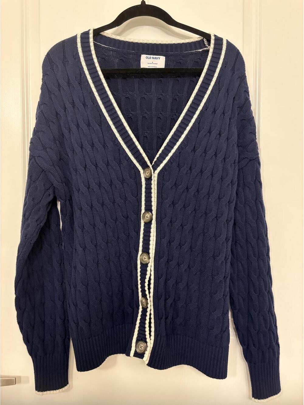 Preppy Old Navy Cable Knit Cardigan Sweater Navy & Cream Trim